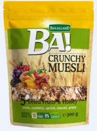 BAKALLAND Muesli giòn và trái cây nho, nam việt quất, mơ, mận, hạnh nhânBakalland